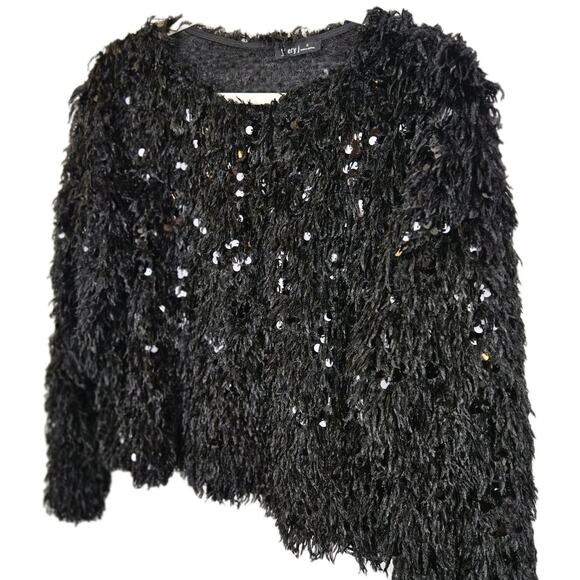 Very J Black Faux Feather Shag Silver Sequined Cropped Sweater GLAM GOTH MOTO - Picture 1 of 6